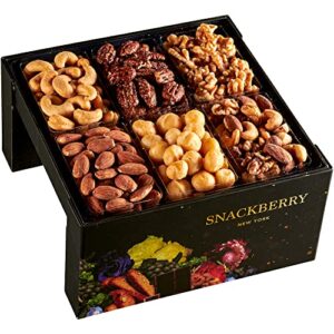 holiday mixed nuts gift basket, in elegant display stand box, gift set for easter, birthday party, sympathy, healthy gift snack box for men and women. kosher – snackberry (premium)