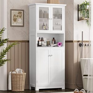 tiptiper tall bathroom storage cabinet, large floor cabinet with open compartments and 2 cabinets with doors, 64” height freestanding linen tower cabinet, for home kitchen, living room, white