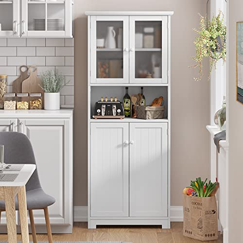 Tiptiper Tall Bathroom Storage Cabinet, Large Floor Cabinet with Open Compartments and 2 Cabinets with Doors, 64” Height Freestanding Linen Tower Cabinet, for Home Kitchen, Living Room, White