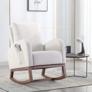 rocking chair nursery glider rocker chair high backrest upholstered velvet accent armchair with side pocket for living room bedroom office (cream)