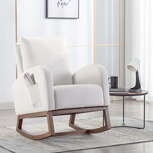 Rocking Chair Nursery Glider Rocker Chair High Backrest Upholstered Velvet Accent Armchair with Side Pocket for Living Room Bedroom Office (Cream)