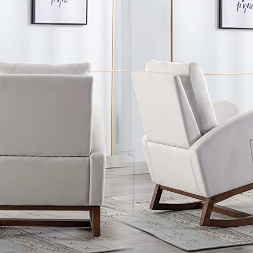 Rocking Chair Nursery Glider Rocker Chair High Backrest Upholstered Velvet Accent Armchair with Side Pocket for Living Room Bedroom Office (Cream)
