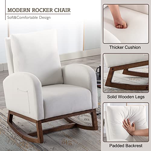 Rocking Chair Nursery Glider Rocker Chair High Backrest Upholstered Velvet Accent Armchair with Side Pocket for Living Room Bedroom Office (Cream)
