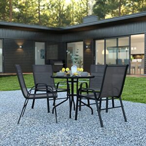 flash furniture 4 black flex comfort stack chairs, 31.5″ round tempered glass patio table
