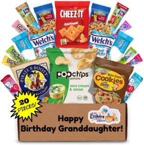 hangry kit birthday snack box for your grand daughter – (20 count) happy birthday gift basket care package – contains birthday snacks, cookies, chips, candy. party variety gift box.