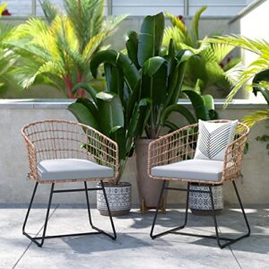 flash furniture devon set of 2 indoor/outdoor patio boho club chairs, rope with pe wicker rattan, cushions and sled base, natural/light gray