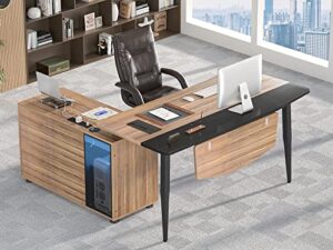unikito l shaped desk with power outlet and led light, 55 inch executive desk, large l-shaped office desk with door, corner computer desk with lateral file cabinet, home office desk, walnut and black