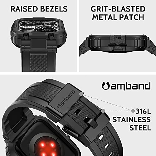 amBand Bands Compatible with Apple Watch 8/7 45mm, M1 Sport Series Rugged Case with Strap Protective Cover for iWatch 6/SE/5/4/3 42/44/45mm Men Black