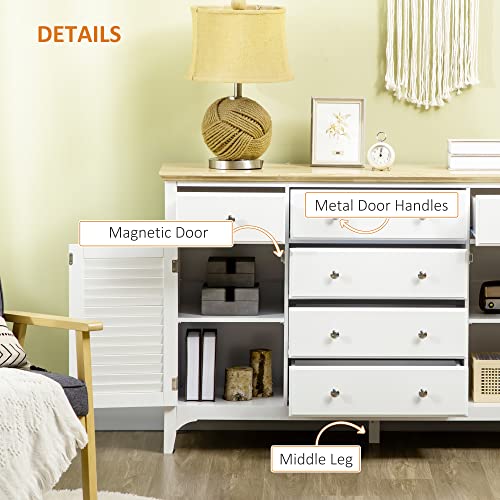 HOMCOM Modern Sideboard with Drawers, Buffet Cabinet with Storage Cabinets, Rubberwood Top and Adjustable Shelves for Living Room, Kitchen, TV Stand up to 60 Inches, White