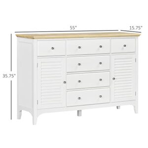 HOMCOM Modern Sideboard with Drawers, Buffet Cabinet with Storage Cabinets, Rubberwood Top and Adjustable Shelves for Living Room, Kitchen, TV Stand up to 60 Inches, White