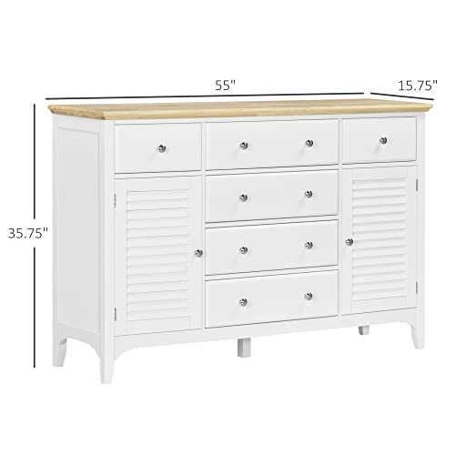 HOMCOM Modern Sideboard with Drawers, Buffet Cabinet with Storage Cabinets, Rubberwood Top and Adjustable Shelves for Living Room, Kitchen, TV Stand up to 60 Inches, White