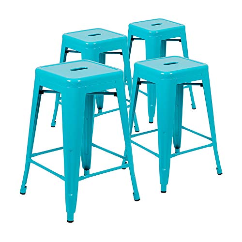 Flash Furniture 24" High Metal Counter-Height, Indoor Bar Stool in Teal - Stackable, Pack of 4