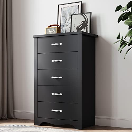 LINSY HOME 5 Drawer Chest, Black Dresser for Bedroom, Tall Dresser, Nursery Dresser Organizer Chest of Drawers for Kids Bedroom - Black