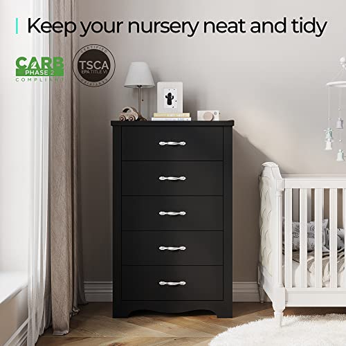 LINSY HOME 5 Drawer Chest, Black Dresser for Bedroom, Tall Dresser, Nursery Dresser Organizer Chest of Drawers for Kids Bedroom - Black