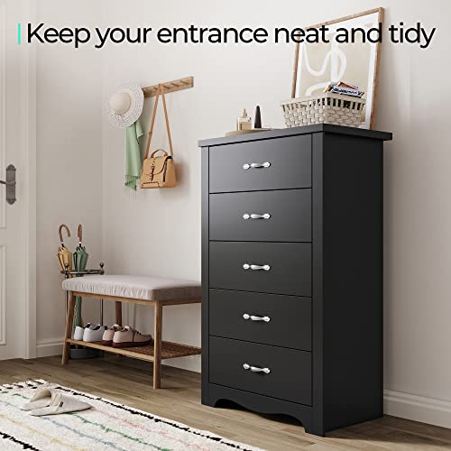 LINSY HOME 5 Drawer Chest, Black Dresser for Bedroom, Tall Dresser, Nursery Dresser Organizer Chest of Drawers for Kids Bedroom - Black