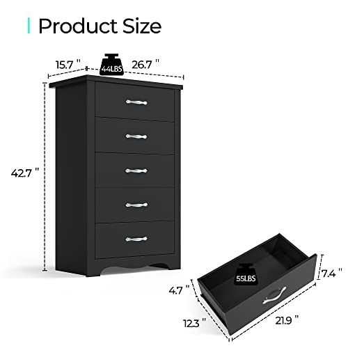 LINSY HOME 5 Drawer Chest, Black Dresser for Bedroom, Tall Dresser, Nursery Dresser Organizer Chest of Drawers for Kids Bedroom - Black