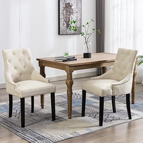 LSSPAID Dining Chairs Set of 2, Nailhead Button Back Fabric Side Chair, Modern Fabric Leisure Padded Ring Chair, Mid-Century Solid Wood Upholstered Dining Chair