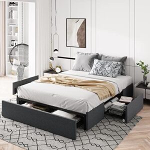 allewie queen size platform bed frame with 3 storage drawers, upholstered wing side panel design, wooden slats support, no box spring needed, noise free, easy assembly, dark grey