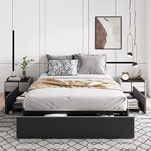 Allewie Queen Size Platform Bed Frame with 3 Storage Drawers, Upholstered Wing Side Panel Design, Wooden Slats Support, No Box Spring Needed, Noise Free, Easy Assembly, Dark Grey