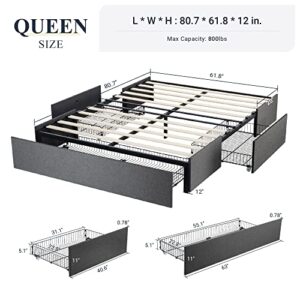 Allewie Queen Size Platform Bed Frame with 3 Storage Drawers, Upholstered Wing Side Panel Design, Wooden Slats Support, No Box Spring Needed, Noise Free, Easy Assembly, Dark Grey