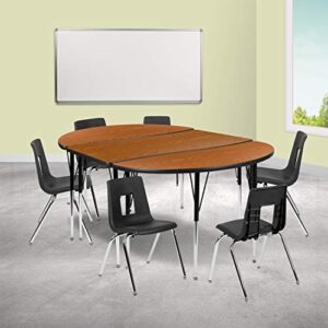 Flash Furniture 76" Oval Wave Collaborative Laminate Activity Table Set with 18" Student Stack Chairs, Oak/Black