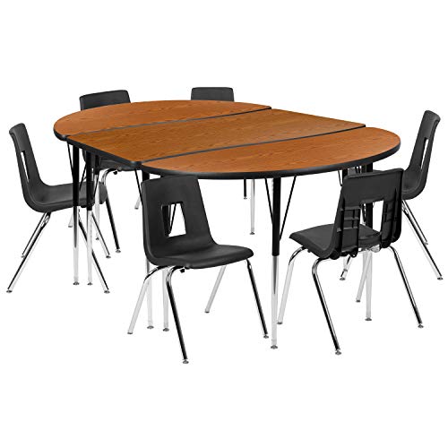 Flash Furniture 76" Oval Wave Collaborative Laminate Activity Table Set with 18" Student Stack Chairs, Oak/Black