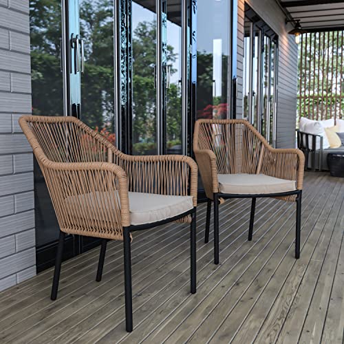 Flash Furniture Kallie Set of 2 Indoor/Outdoor Stacking Club Chairs with Arms - UV Resistant Woven Natural Seat - Ivory Zippered Cushions - Black Aluminum Frame