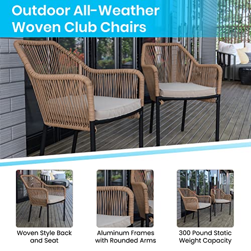 Flash Furniture Kallie Set of 2 Indoor/Outdoor Stacking Club Chairs with Arms - UV Resistant Woven Natural Seat - Ivory Zippered Cushions - Black Aluminum Frame