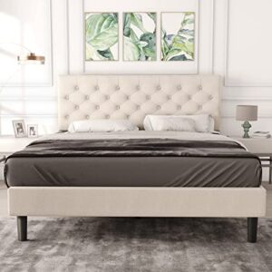 catrimown queen size upholstered linen platform bed frame with button tufted headboard, strong wood slat support, mattress foundation, no box spring needed, easy assembly, beige