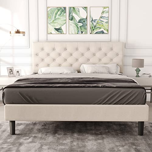 Catrimown Queen Size Upholstered Linen Platform Bed Frame with Button Tufted Headboard, Strong Wood Slat Support, Mattress Foundation, No Box Spring Needed, Easy Assembly, Beige