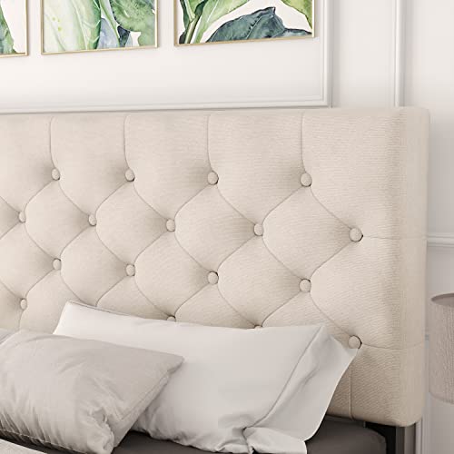 Catrimown Queen Size Upholstered Linen Platform Bed Frame with Button Tufted Headboard, Strong Wood Slat Support, Mattress Foundation, No Box Spring Needed, Easy Assembly, Beige