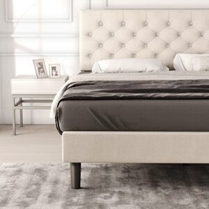 Catrimown Queen Size Upholstered Linen Platform Bed Frame with Button Tufted Headboard, Strong Wood Slat Support, Mattress Foundation, No Box Spring Needed, Easy Assembly, Beige