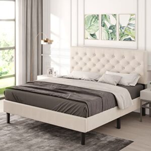 Catrimown Queen Size Upholstered Linen Platform Bed Frame with Button Tufted Headboard, Strong Wood Slat Support, Mattress Foundation, No Box Spring Needed, Easy Assembly, Beige