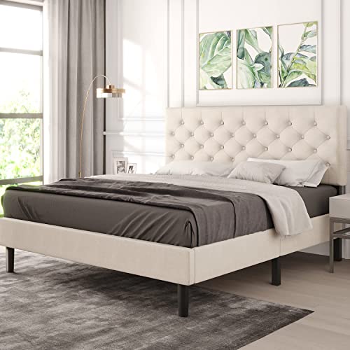 Catrimown Queen Size Upholstered Linen Platform Bed Frame with Button Tufted Headboard, Strong Wood Slat Support, Mattress Foundation, No Box Spring Needed, Easy Assembly, Beige