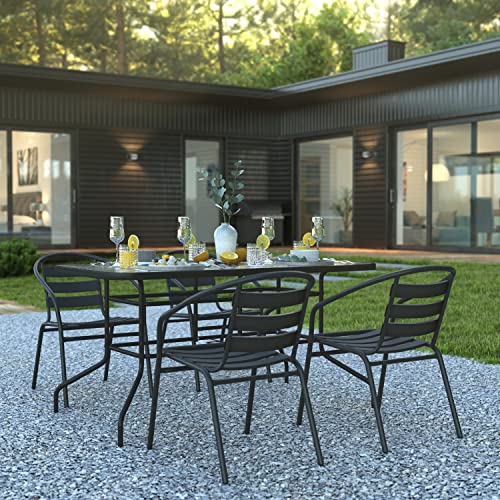 Flash Furniture Patio Dining Set, 55" Tempered Glass Table with Umbrella Hole, 4 Black Metal Aluminum Slat Stack Chairs