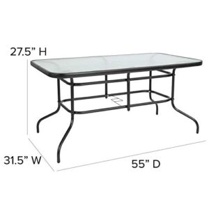 Flash Furniture Patio Dining Set, 55" Tempered Glass Table with Umbrella Hole, 4 Black Metal Aluminum Slat Stack Chairs