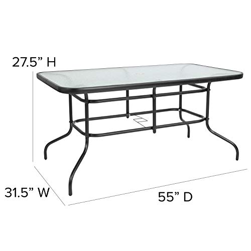 Flash Furniture Patio Dining Set, 55" Tempered Glass Table with Umbrella Hole, 4 Black Metal Aluminum Slat Stack Chairs