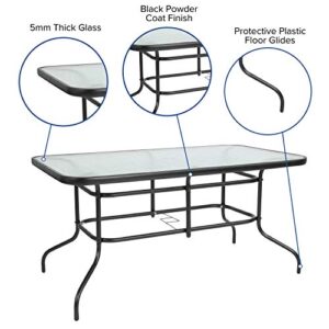 Flash Furniture Patio Dining Set, 55" Tempered Glass Table with Umbrella Hole, 4 Black Metal Aluminum Slat Stack Chairs
