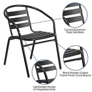 Flash Furniture Patio Dining Set, 55" Tempered Glass Table with Umbrella Hole, 4 Black Metal Aluminum Slat Stack Chairs