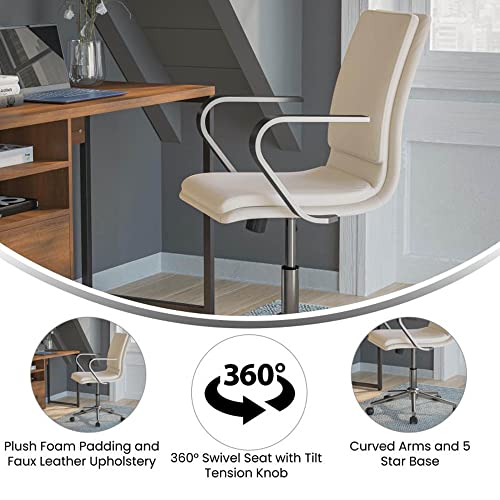 Flash Furniture James Mid-Back Designer Executive Upholstered Office Chair with Brushed Metal Base and Arms, Set of 1, Taupe/Chrome