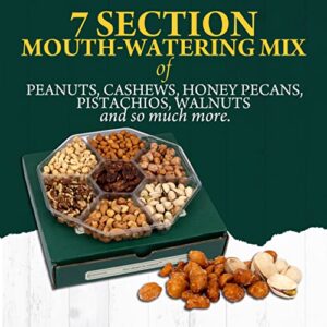 Assorted Nuts - Gourmet Nuts Gift Basket - Easter Gift Basket - 7 Sectional Platter With a Variety of Freshly Roasted Nuts - Beautifully Packaged Gift for Birthday, Sympathy, Mother’s Day Nuts. (7 Sectional, Green Box)