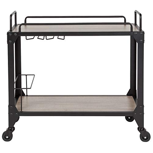 Flash Furniture Midtown Wood and Iron Kitchen Serving and Bar Cart with Wine Glass Holders, Light Oak 31 x 32.25 x 16