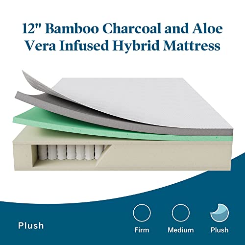 Lucid 12 Inch Hybrid Mattress – Bamboo Charcoal and Aloe Vera Infused- Memory Foam Mattress- Moisture Wicking – Odor Reducing, White/Black