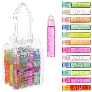 expressions girl roll on lip gloss set with carrying case, 12-piece glossy lip make-up for kids and teens – fruity flavors, non toxic, kid friendly, party gift, best friends