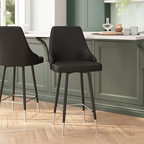 Flash Furniture Shelly Set of 2 Commercial Counter Height Bar Stools - Black LeatherSoft Upholstery - Black Metal Frames - 26" High - Chrome Feet and Footrests