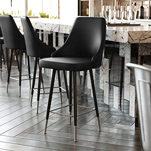 Flash Furniture Shelly Set of 2 Commercial Counter Height Bar Stools - Black LeatherSoft Upholstery - Black Metal Frames - 26" High - Chrome Feet and Footrests