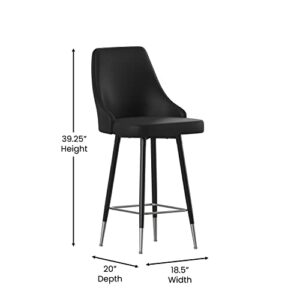 Flash Furniture Shelly Set of 2 Commercial Counter Height Bar Stools - Black LeatherSoft Upholstery - Black Metal Frames - 26" High - Chrome Feet and Footrests