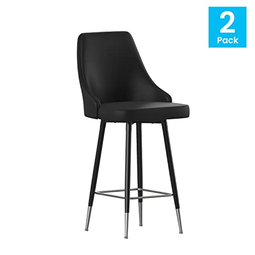 Flash Furniture Shelly Set of 2 Commercial Counter Height Bar Stools - Black LeatherSoft Upholstery - Black Metal Frames - 26" High - Chrome Feet and Footrests