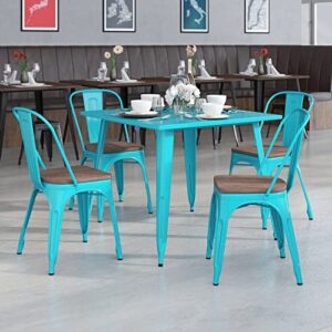 flash furniture 4 pk. crystal teal-blue metal stackable chair with wood seat