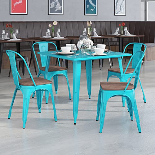 Flash Furniture 4 Pk. Crystal Teal-Blue Metal Stackable Chair with Wood Seat